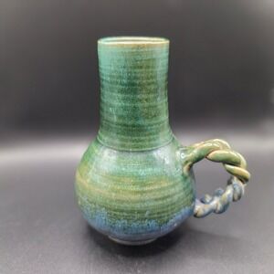 Vintage 1982 Studio Pottery Green Blue Glazed Vase Braided Handle Signed LS 82